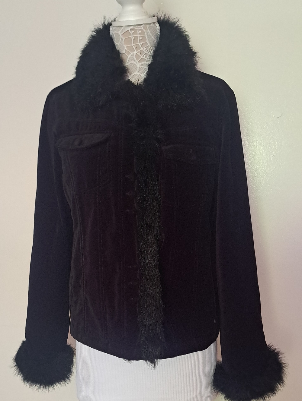 Black Rivet Black Velvet Jacket with Faux Fur Trim